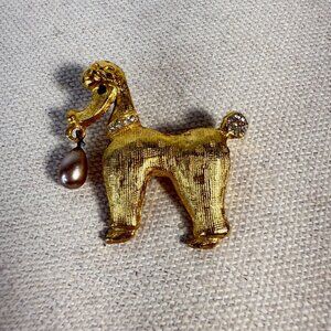 Vintage Gold-Tone Poodle Brooch With Rhinestone Accents & Faux Pearl Drop